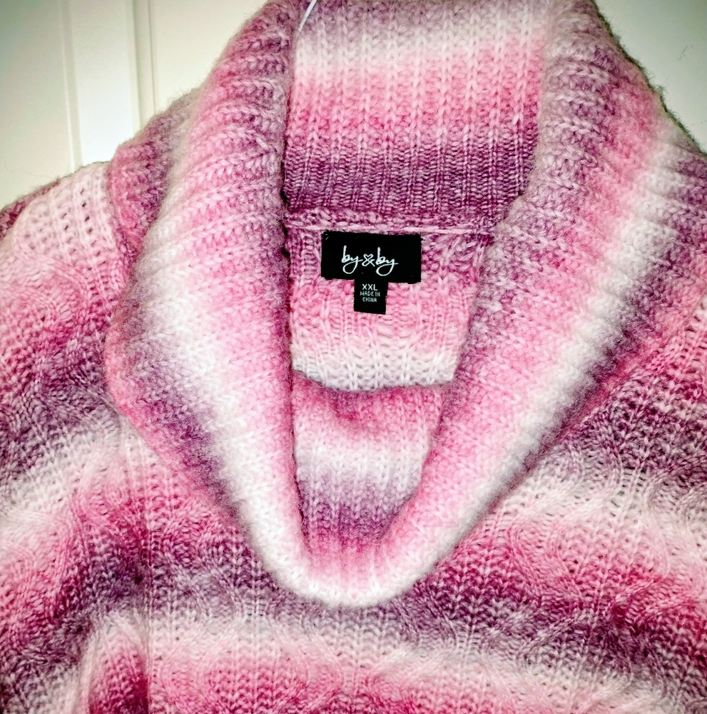 By & By Cowl Neck Sweater Women’s L Pink Purple Cable Knit Striped Pullover XXLG